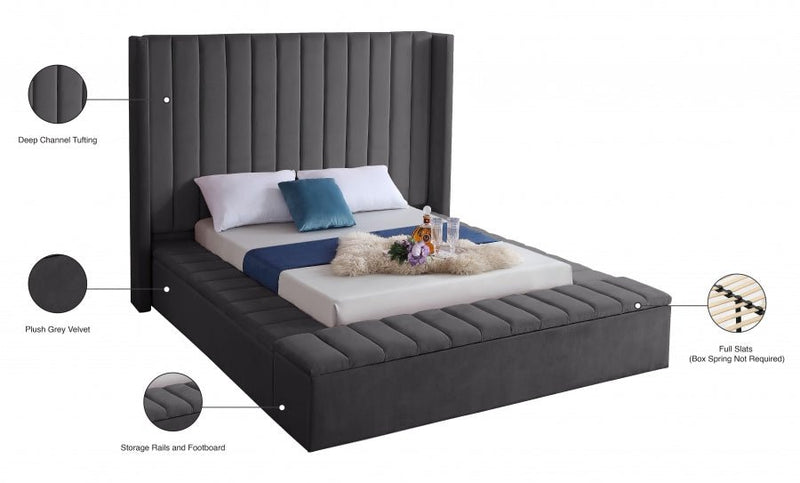 Kiki Velvet Queen Bed (3 Boxes) Grey - Gate FurnitureQueen Bed
