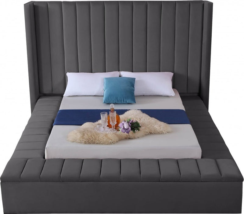 Kiki Velvet Queen Bed (3 Boxes) Grey - Gate FurnitureQueen Bed