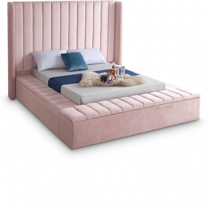 Kiki Velvet Queen Bed (3 Boxes) Pink - Gate FurnitureQueen Bed