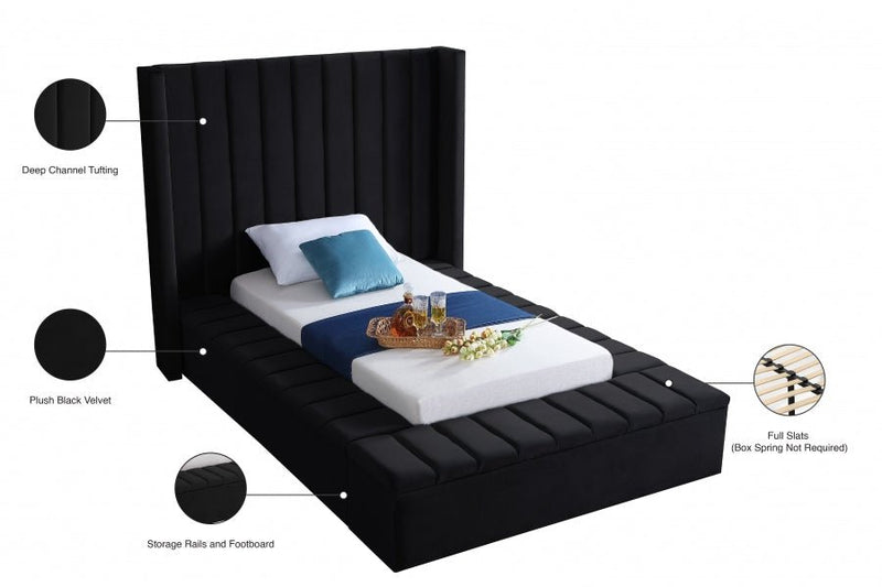 Kiki Velvet Twin Bed (3 Boxes) Black - Gate FurnitureTwin Bed
