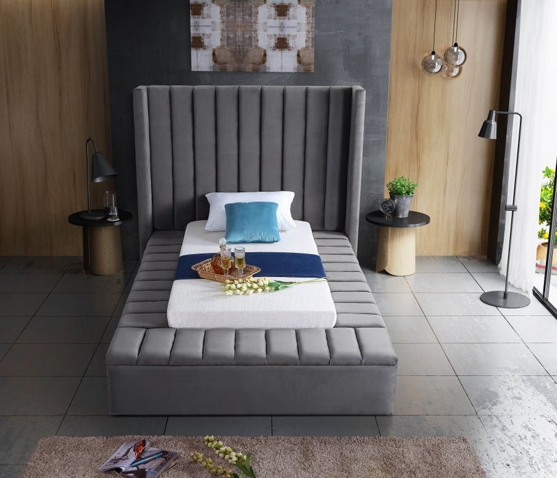 Kiki Velvet Twin Bed (3 Boxes) Grey - Gate FurnitureTwin Bed