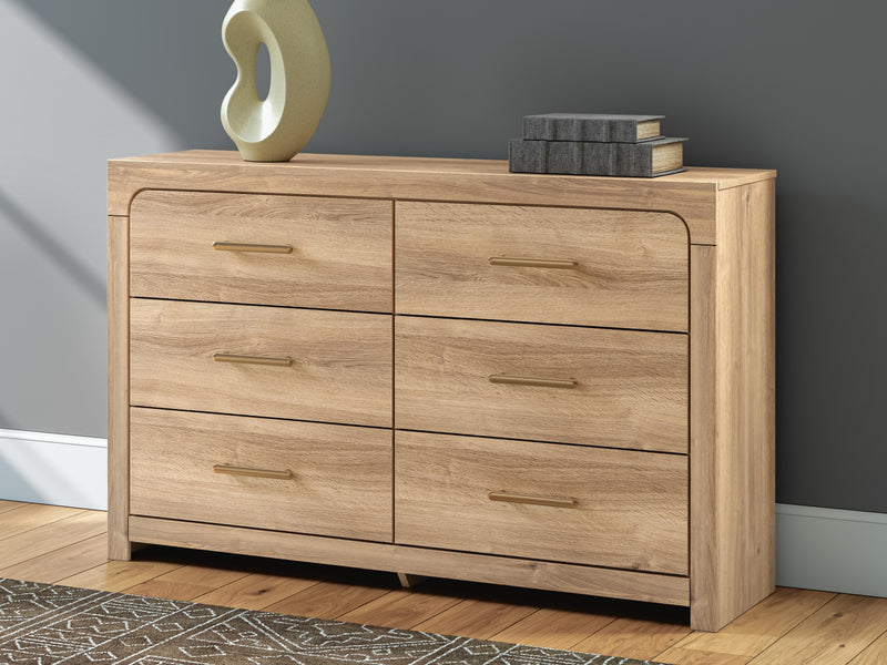 Kinlanni King Upholstered Panel Bed and Dresser in Tan - PKG023887