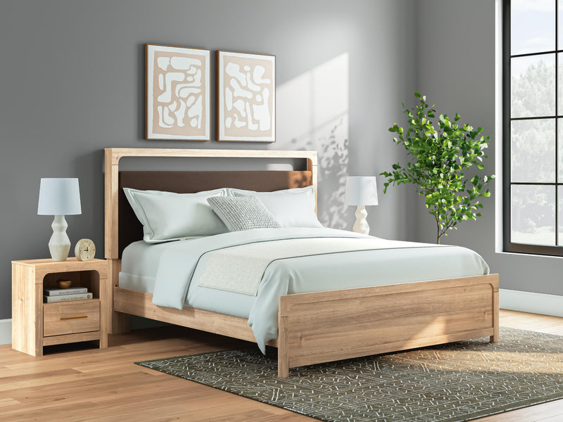 Kinlanni King Upholstered Panel Bed and Dresser in Tan - PKG023887