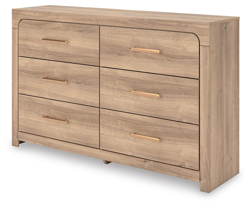 Kinlanni King Upholstered Panel Bed and Dresser in Tan - PKG023887