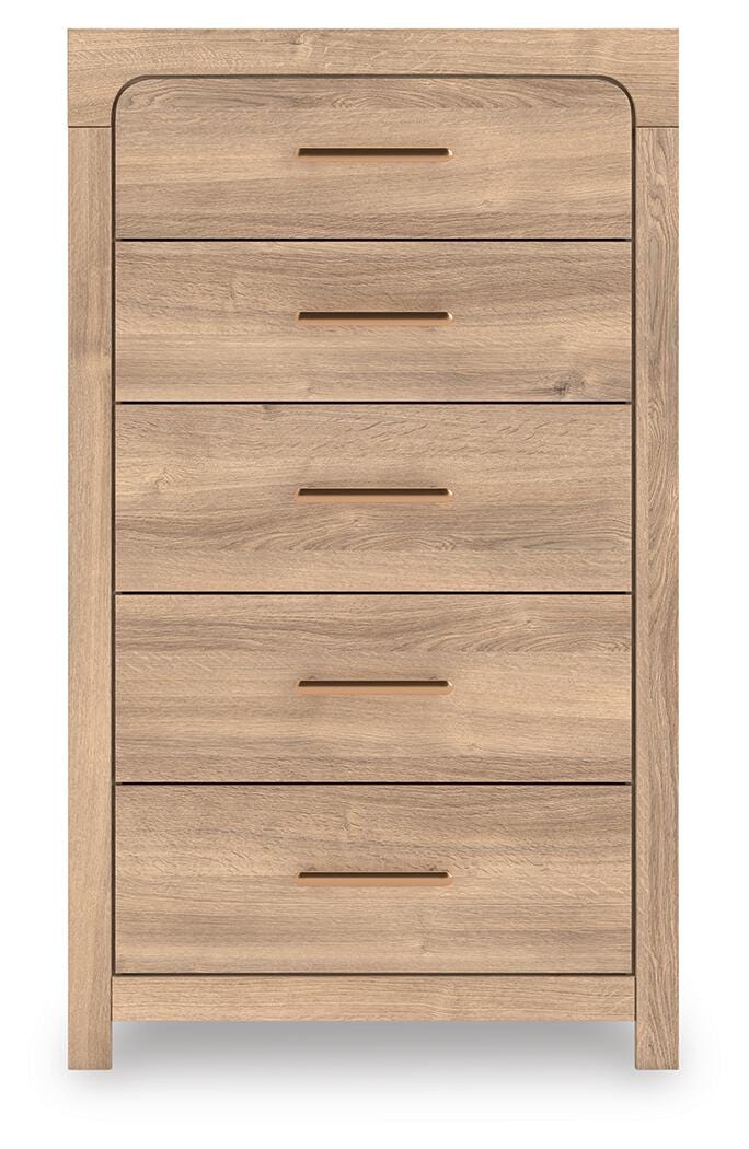 Kinlanni King Upholstered Panel Bed, Dresser and Chest in Tan - PKG023891