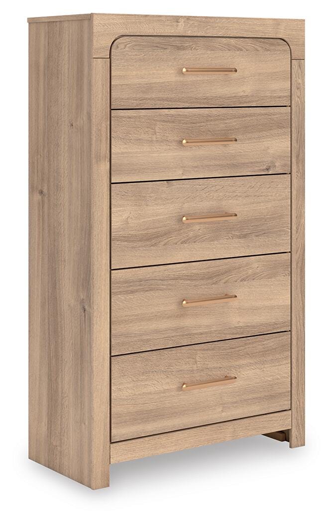 Kinlanni King Upholstered Panel Bed, Dresser and Chest in Tan - PKG023891