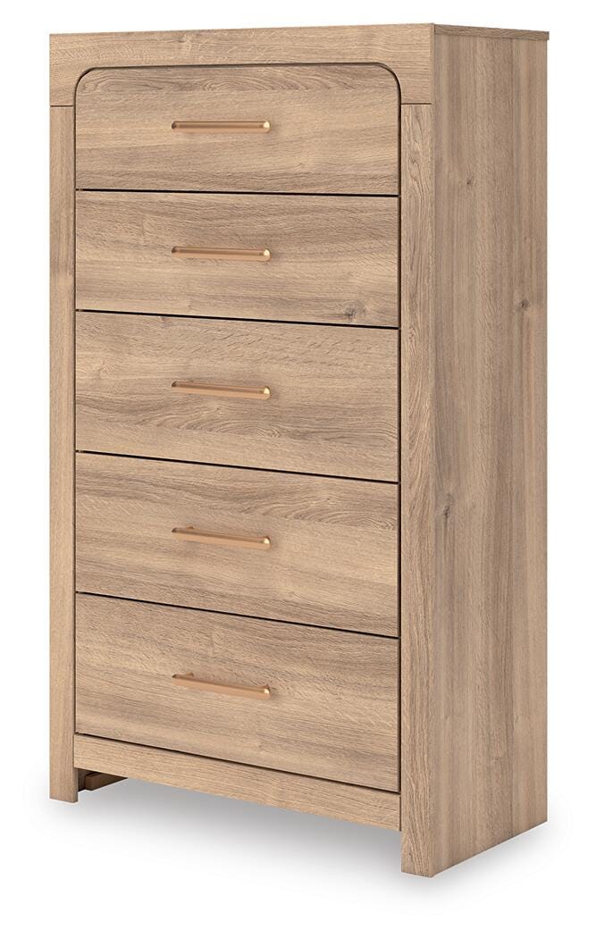 Kinlanni King Upholstered Panel Bed, Dresser and Chest in Tan - PKG023891