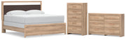 Kinlanni King Upholstered Panel Bed, Dresser and Chest in Tan - PKG023891