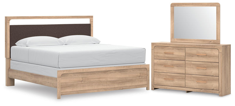 Kinlanni King Upholstered Panel Bed, Dresser and Mirror in Tan - PKG023888