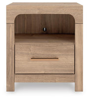 Kinlanni King Upholstered Panel Bed, Dresser and Nightstand in Tan - PKG023890
