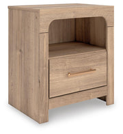 Kinlanni King Upholstered Panel Bed, Dresser and Nightstand in Tan - PKG023890