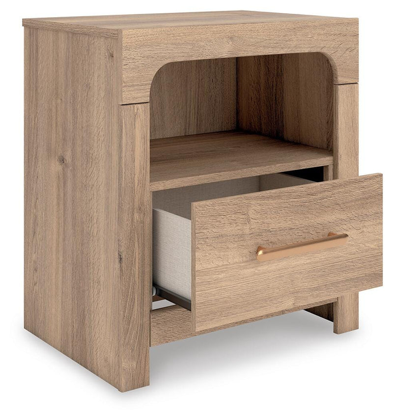 Kinlanni King Upholstered Panel Bed, Dresser and Nightstand in Tan - PKG023890