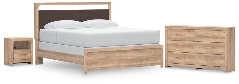 Kinlanni King Upholstered Panel Bed, Dresser and Nightstand in Tan - PKG023890