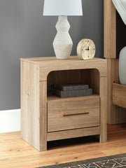 Kinlanni King Upholstered Panel Bed, Dresser and Nightstand in Tan - PKG023890