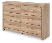 Kinlanni King Upholstered Panel Bed, Dresser and Nightstand in Tan - PKG023890