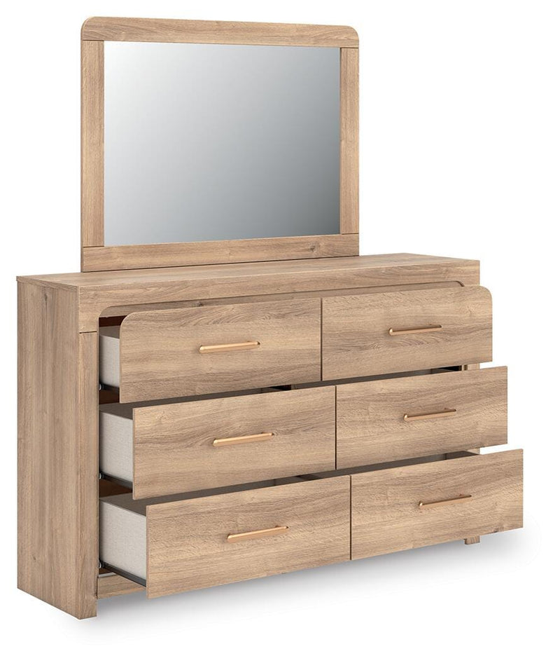 Kinlanni King Upholstered Panel Bed, Dresser, Mirror and Nightstand - B1360B18