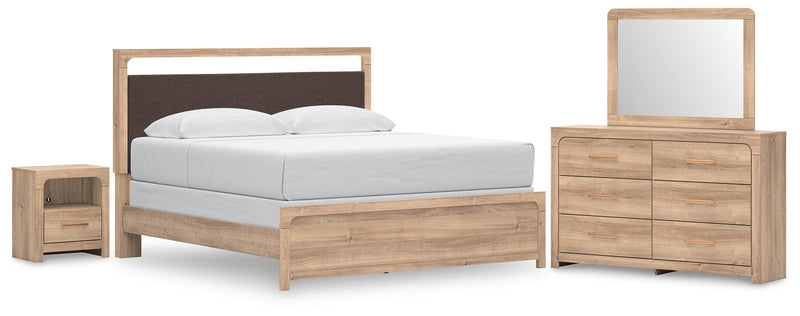 Kinlanni King Upholstered Panel Bed, Dresser, Mirror and Nightstand in Tan - PKG023889