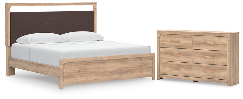 Kinlanni King Upholstered Platform Bed and Dresser in Tan - PKG023897
