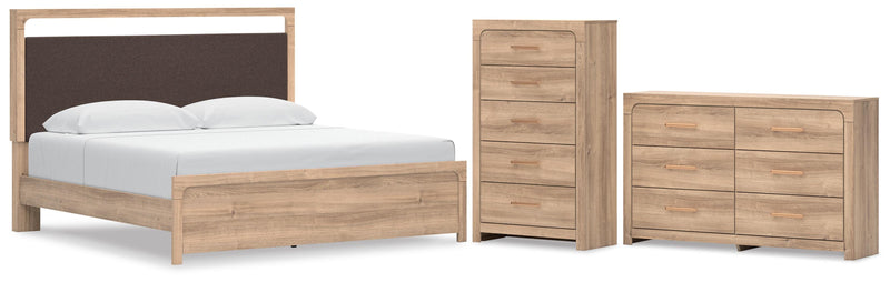 Kinlanni King Upholstered Platform Bed, Dresser and Chest in Tan - PKG023901