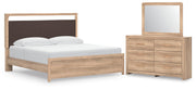 Kinlanni King Upholstered Platform Bed, Dresser and Mirror in Tan - PKG023898