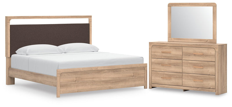 Kinlanni King Upholstered Platform Bed, Dresser and Mirror in Tan - PKG023898