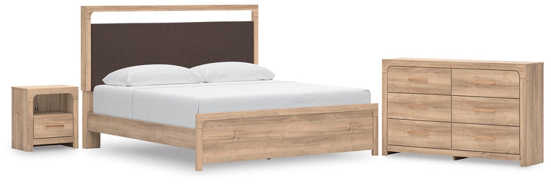 Kinlanni King Upholstered Platform Bed, Dresser and Nightstand in Tan - PKG023900