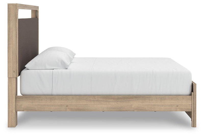 Kinlanni King Upholstered Platform Bed, Dresser, Mirror and Nightstand in Tan - PKG023899