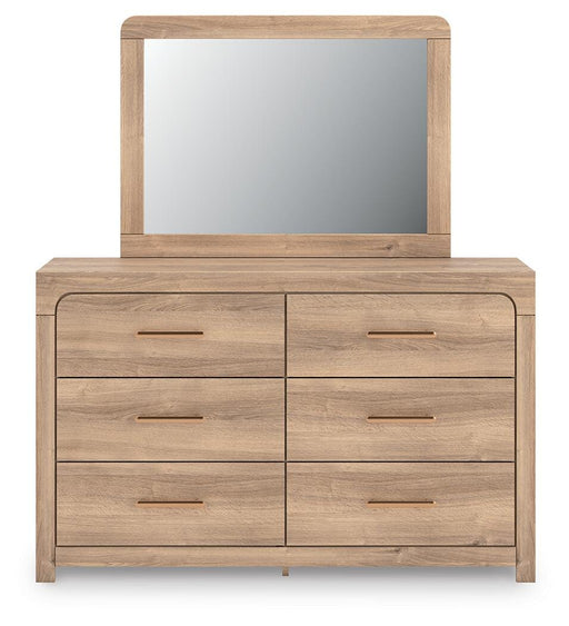 Kinlanni King Upholstered Platform Bed, Dresser, Mirror and Nightstand in Tan - PKG023899