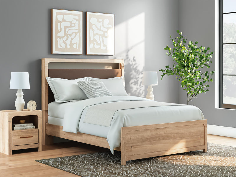 Kinlanni Queen Upholstered Panel Bed and Dresser in Tan - PKG023882