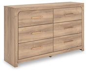 Kinlanni Queen Upholstered Panel Bed and Dresser in Tan - PKG023882