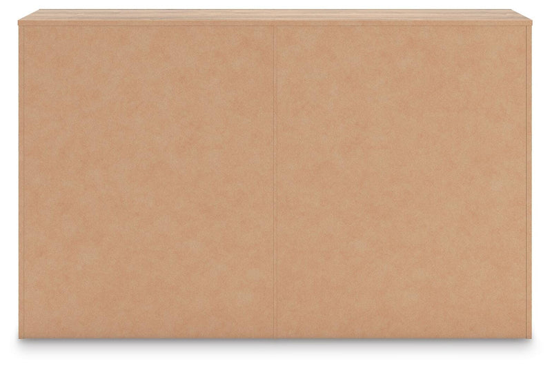 Kinlanni Queen Upholstered Panel Bed and Dresser in Tan - PKG023882