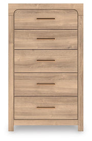 Kinlanni Queen Upholstered Panel Bed, Dresser and Chest in Tan - PKG023886