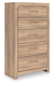 Kinlanni Queen Upholstered Panel Bed, Dresser and Chest in Tan - PKG023886