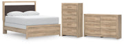 Kinlanni Queen Upholstered Panel Bed, Dresser and Chest in Tan - PKG023886