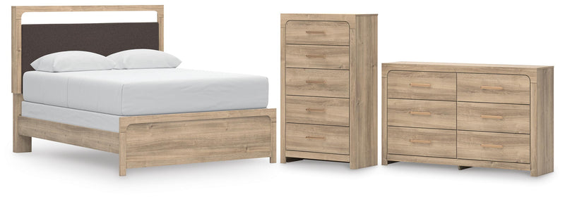 Kinlanni Queen Upholstered Panel Bed, Dresser and Chest in Tan - PKG023886