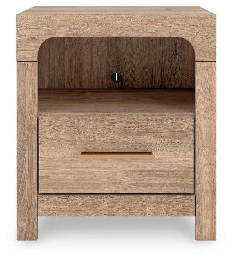 Kinlanni Queen Upholstered Panel Bed, Dresser and Nightstand in Tan - PKG023885