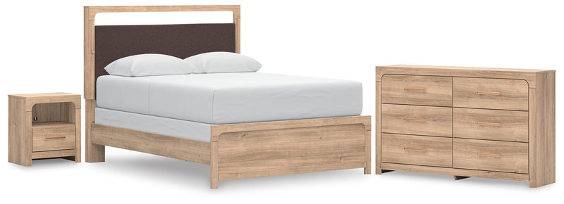 Kinlanni Queen Upholstered Panel Bed, Dresser and Nightstand in Tan - PKG023885