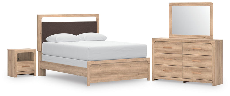 Kinlanni Queen Upholstered Panel Bed, Dresser, Mirror and Nightstand in Tan - PKG023884