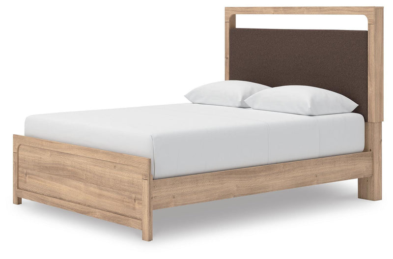 Kinlanni Queen Upholstered Platform Bed and Dresser in Tan - PKG023892