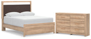 Kinlanni Queen Upholstered Platform Bed and Dresser in Tan - PKG023892