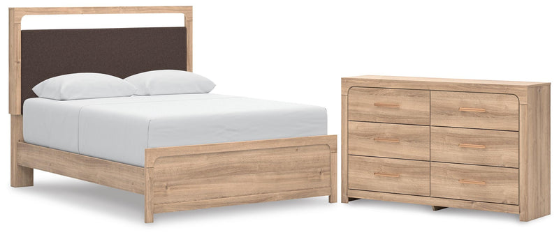 Kinlanni Queen Upholstered Platform Bed and Dresser in Tan - PKG023892