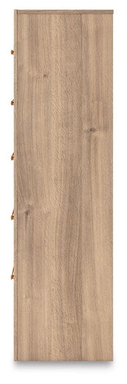 Kinlanni Queen Upholstered Platform Bed, Dresser and Chest in Tan - PKG023896