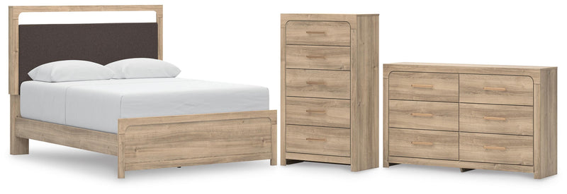 Kinlanni Queen Upholstered Platform Bed, Dresser and Chest in Tan - PKG023896