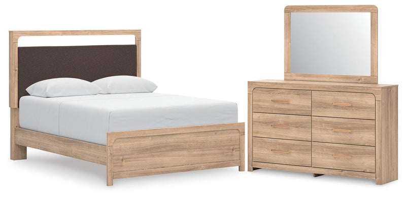 Kinlanni Queen Upholstered Platform Bed, Dresser and Mirror in Tan - PKG023893