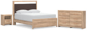 Kinlanni Queen Upholstered Platform Bed, Dresser and Nightstand in Tan - PKG023895