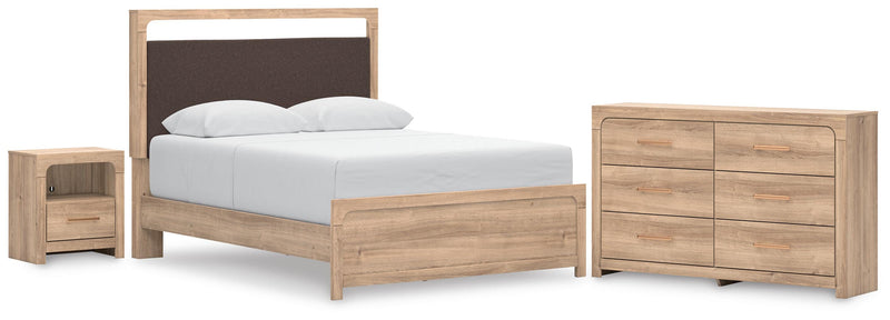 Kinlanni Queen Upholstered Platform Bed, Dresser and Nightstand in Tan - PKG023895