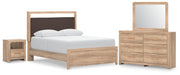 Kinlanni Queen Upholstered Platform Bed, Dresser, Mirror and Nightstand in Tan - PKG023894