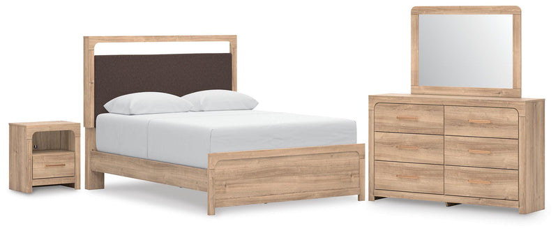 Kinlanni Queen Upholstered Platform Bed, Dresser, Mirror and Nightstand in Tan - PKG023894