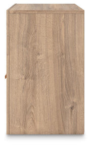Kinlanni Queen Upholstered Platform Bed, Dresser, Mirror and Nightstand in Tan - PKG023894