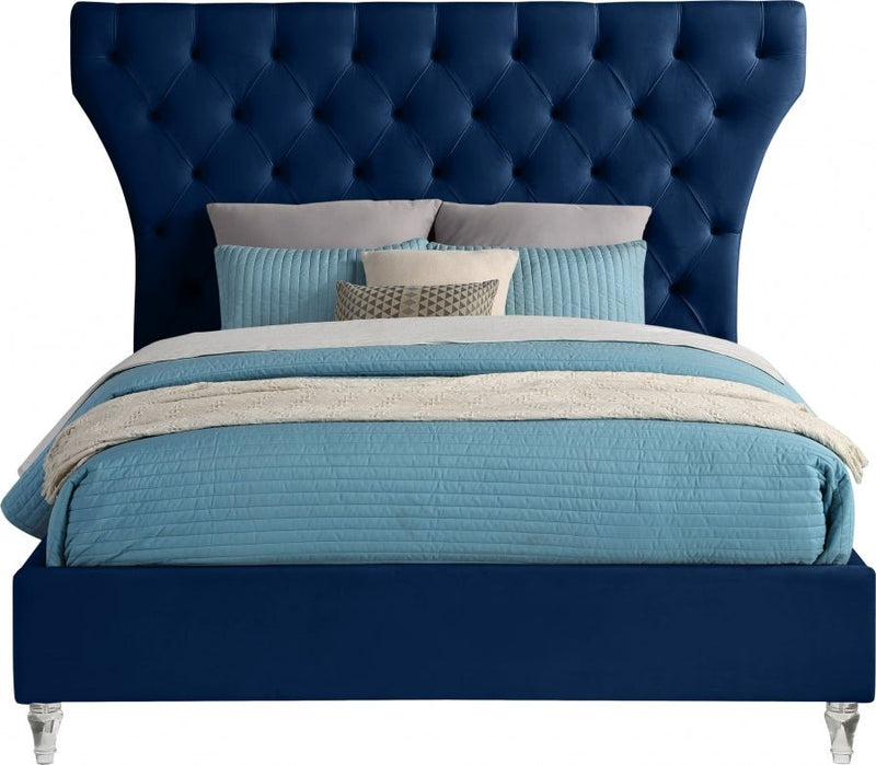 Kira Velvet Queen Bed Blue - Gate FurnitureQueen Bed